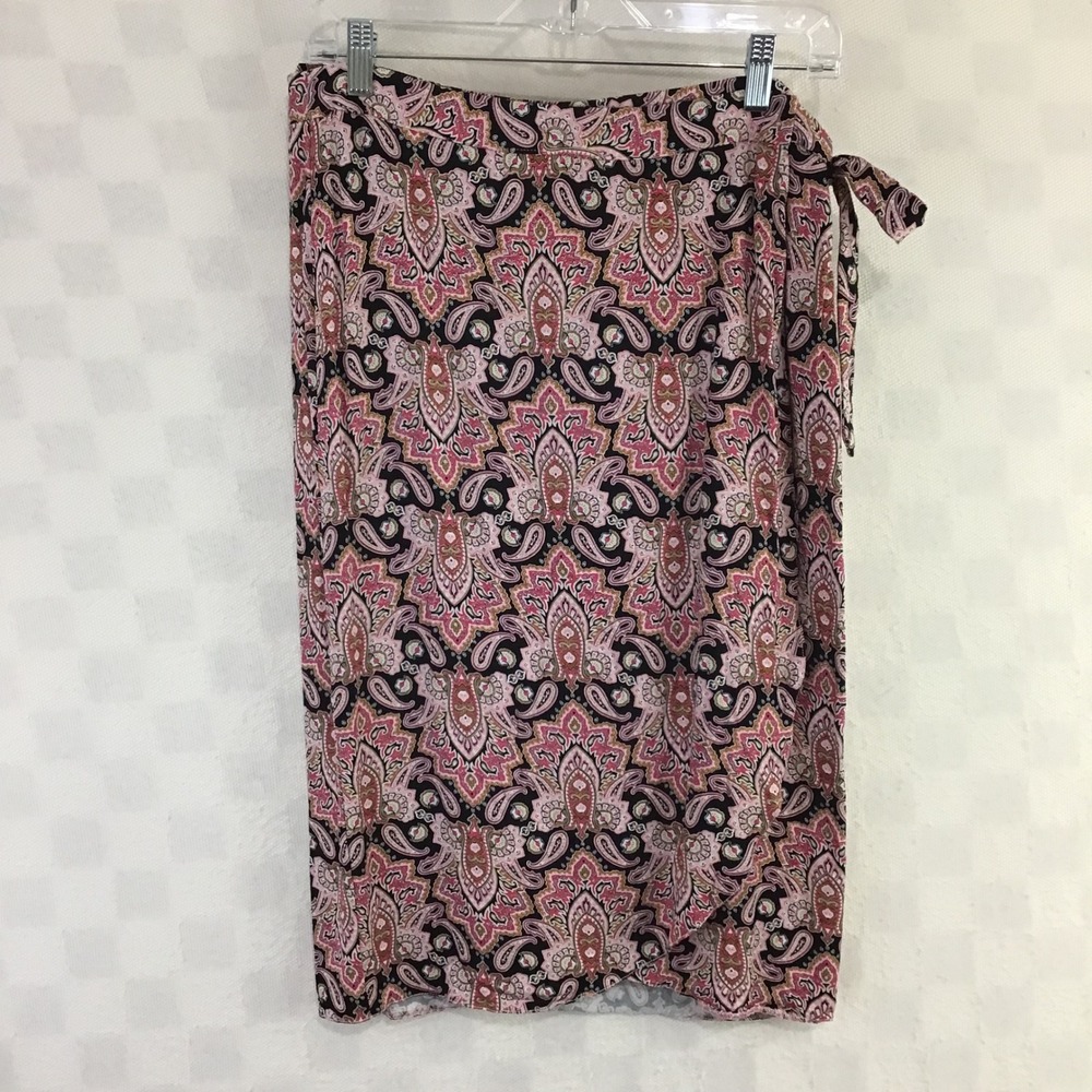 Maurices Pink Black Paisley Rayon Wrap Midi Skirt Size M Side Tie Boho Flowy